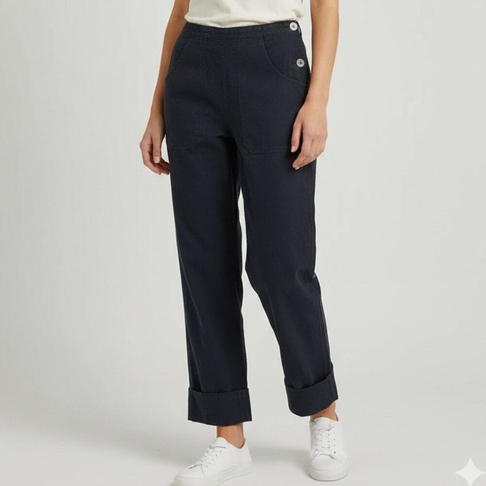 R.G. Kane 100% Cotton Side Button Wide Cuffed Cropped Luxury Pants Black Size 6